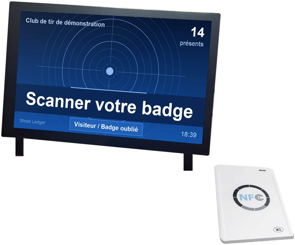 Lecteur de badges Shoot Ledger : écran tactile et lecteur NFC à l'entrée du club